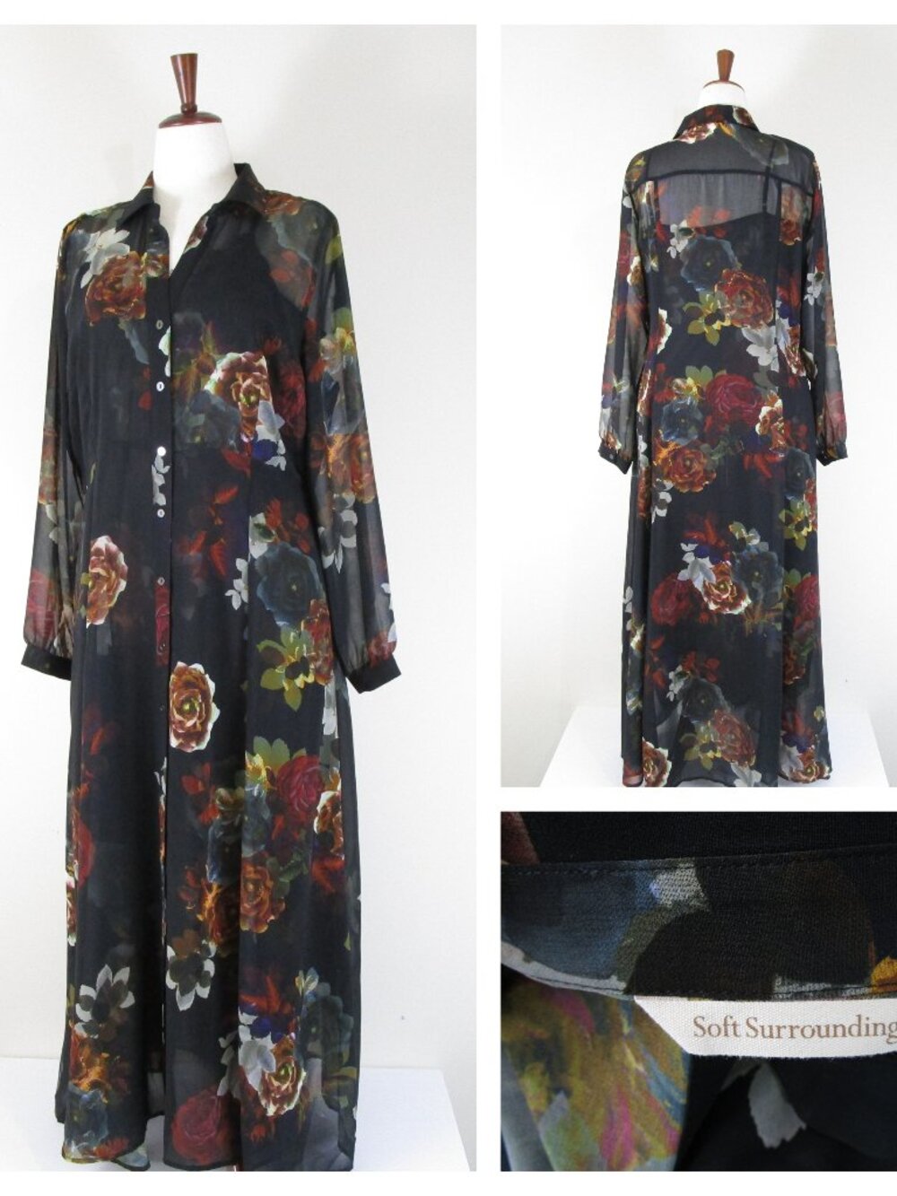 Soft Surroundings Black Brown Floral Anais Button Down Maxi Shirt Dress Size L